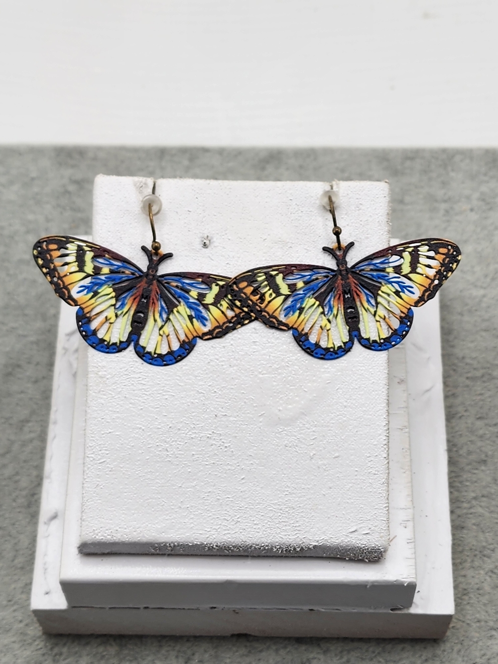 Butterfly Statement Earrings in Blue and Yellow Handmade